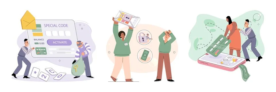 Hacker activity big set. Hacking computer. Phishing account, cyber attack on Illustrazione stock