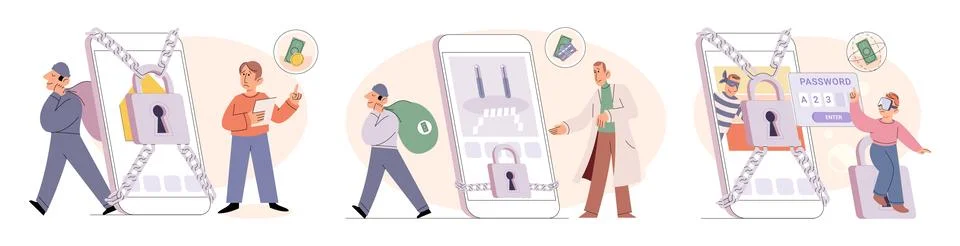 Hacker activity big set. Hacking computer. Phishing account, cyber attack on Stockillustratie