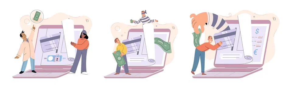 Hacker activity big set. Hacking computer. Phishing account, cyber attack on Illustrazione stock