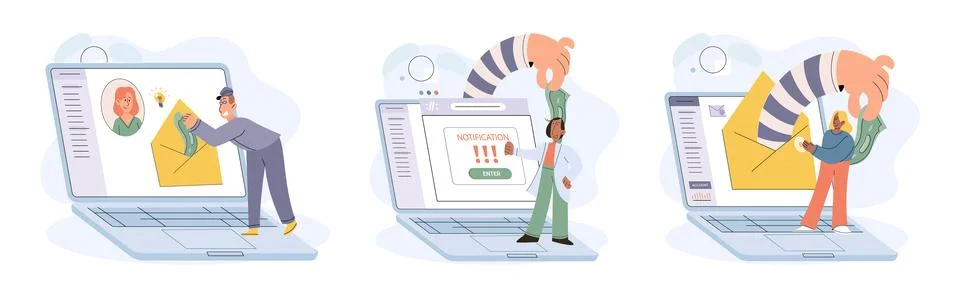 Hacker activity big set. Hacking computer. Phishing account, cyber attack on Illustrazione stock