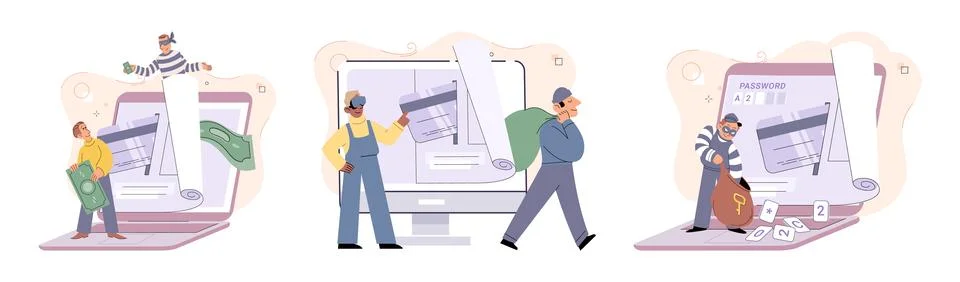 Hacker activity big set. Hacking computer. Phishing account, cyber attack on Stockillustratie