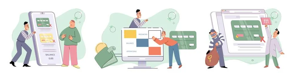 Hacker activity big set. Hacking computer. Phishing account, cyber attack on Illustrazione stock