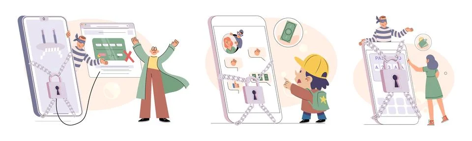 Hacker activity big set. Hacking computer. Phishing account, cyber attack on Illustrazione stock