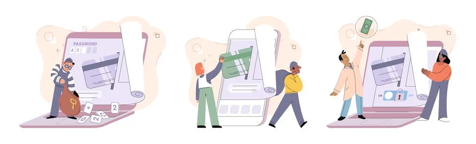 Hacker activity big set. Hacking computer. Phishing account, cyber attack on Illustrazione stock