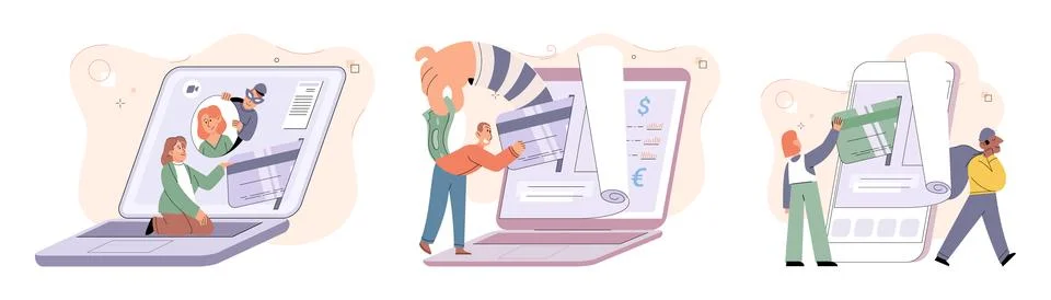 Hacker activity big set. Hacking computer. Phishing account, cyber attack on Stock Illustration