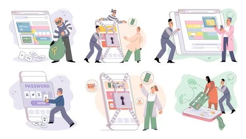 Hacker activity big set. Hacking computer. Phishing account, cyber attack on Stock Illustration