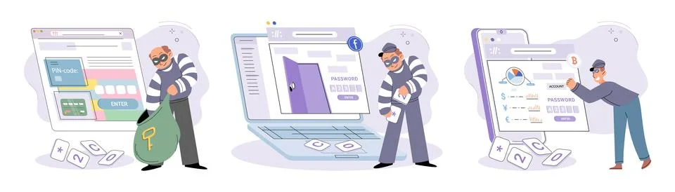 Hacker activity big set. Hacking computer. Phishing account, cyber attack on 库存插图