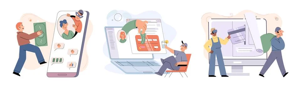 Hacker activity big set. Hacking computer. Phishing account, cyber attack on Stockillustratie