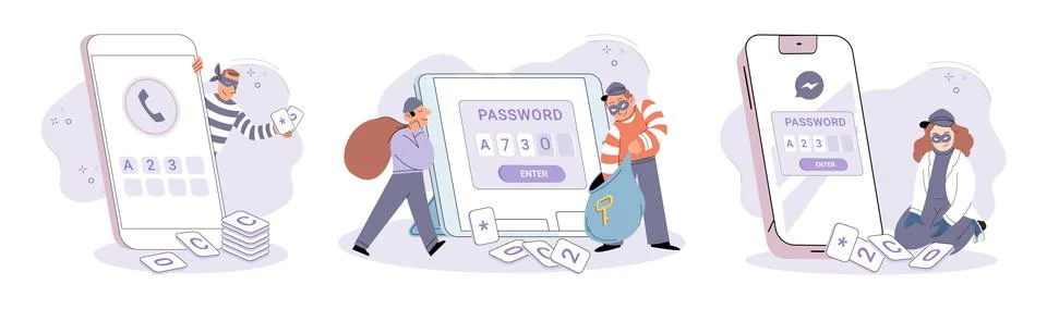 Hacker activity big set. Hacking computer. Phishing account, cyber attack on Stock Illustration