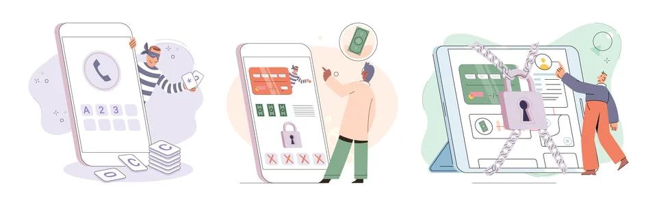 Hacker activity big set. Hacking computer. Phishing account, cyber attack on Stock Illustration