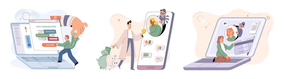 Hacker activity big set. Hacking computer. Phishing account, cyber attack on Illustrazione stock