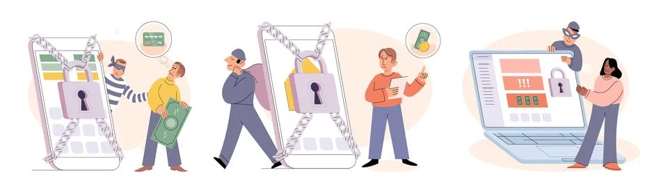 Hacker activity big set. Hacking computer. Phishing account, cyber attack on Stock Illustration