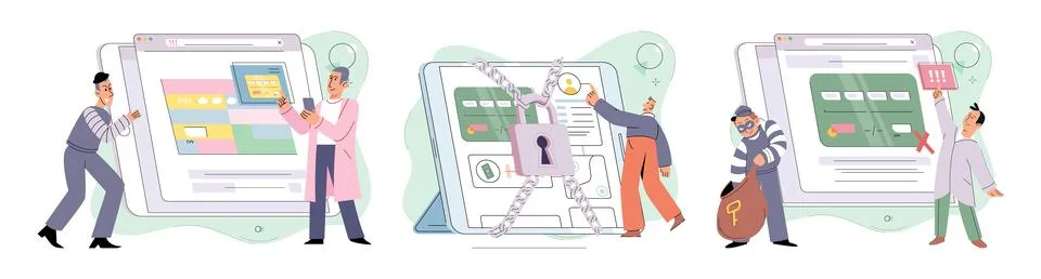 Hacker activity big set. Hacking computer. Phishing account, cyber attack on Stockillustratie