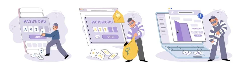 Hacker activity big set. Hacking computer. Phishing account, cyber attack on 库存插图