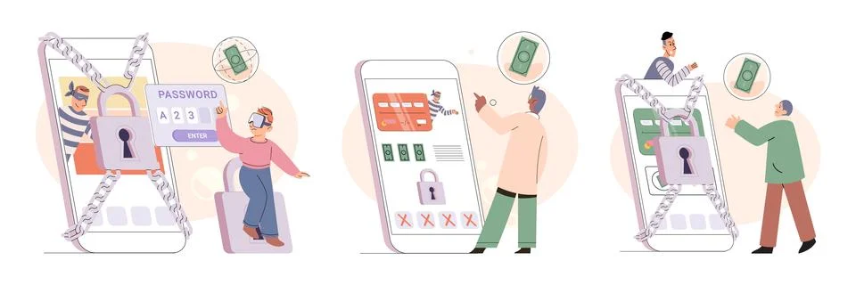 Hacker activity big set. Hacking computer. Phishing account, cyber attack on Illustrazione stock