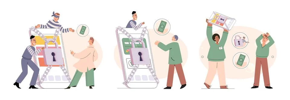 Hacker activity big set. Hacking computer. Phishing account, cyber attack on Stock-Illustration