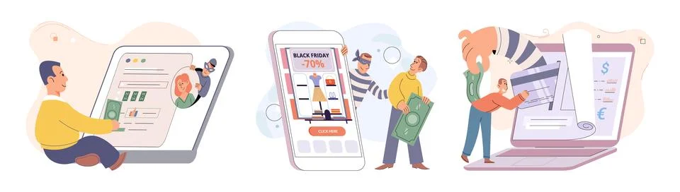 Hacker activity big set. Hacking computer. Phishing account, cyber attack on Stock Illustration