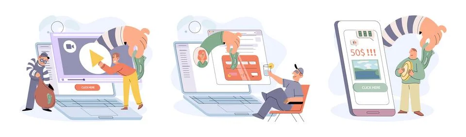 Hacker activity big set. Hacking computer. Phishing account, cyber attack on 스톡 일러스트