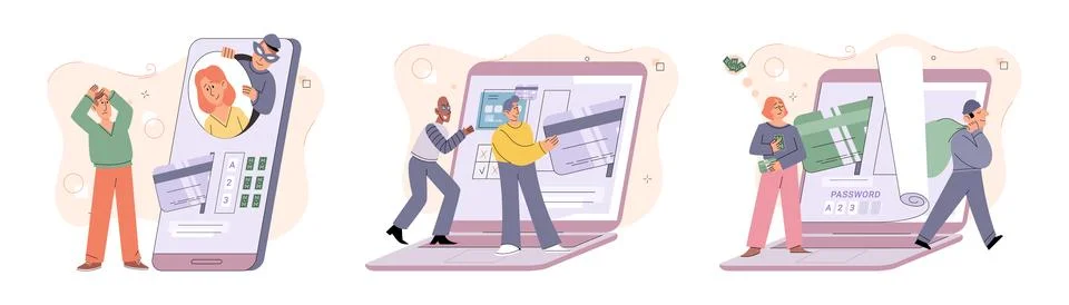 Hacker activity big set. Hacking computer. Phishing account, cyber attack on Stock-Illustration