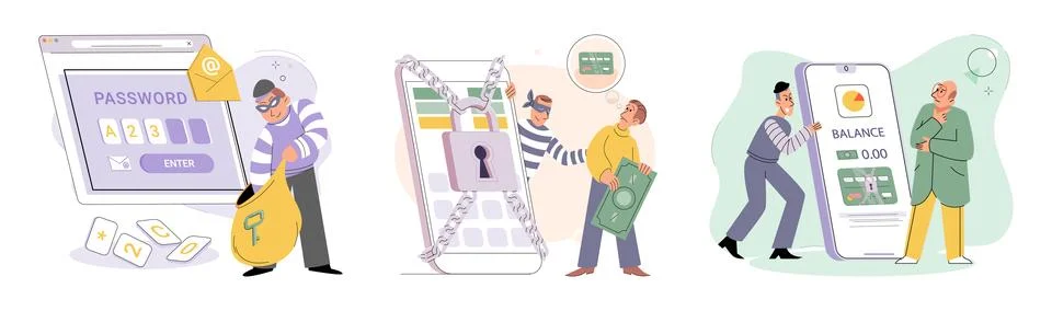 Hacker activity big set. Hacking computer. Phishing account, cyber attack on Illustrazione stock