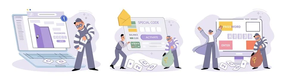 Hacker activity big set. Hacking computer. Phishing account, cyber attack on 스톡 일러스트