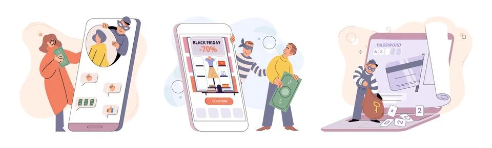 Hacker activity big set. Hacking computer. Phishing account, cyber attack on 库存插图