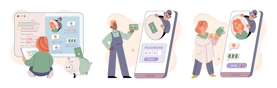 Hacker activity big set. Hacking computer. Phishing account, cyber attack on Stock Illustration