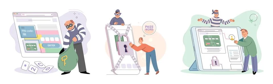 Hacker activity big set. Hacking computer. Phishing account, cyber attack on Stockillustratie