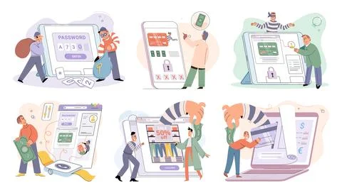 Hacker activity big set. Hacking computer. Phishing account, cyber attack on Stock Illustration