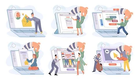 Hacker activity big set. Hacking computer. Phishing account, cyber attack on Illustrazione stock