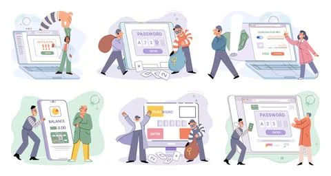 Hacker activity big set. Hacking computer. Phishing account, cyber attack on Illustrazione stock