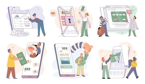 Hacker activity big set. Hacking computer. Phishing account, cyber attack on イラスト素材