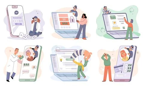 Hacker activity big set. Hacking computer. Phishing account, cyber attack on Stockillustratie