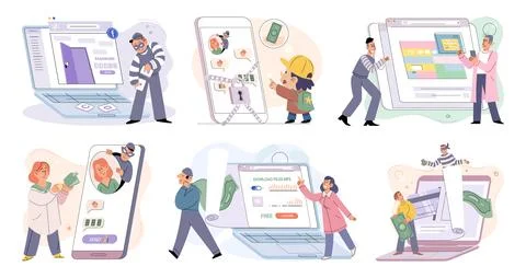 Hacker activity big set. Hacking computer. Phishing account, cyber attack on Stockillustratie