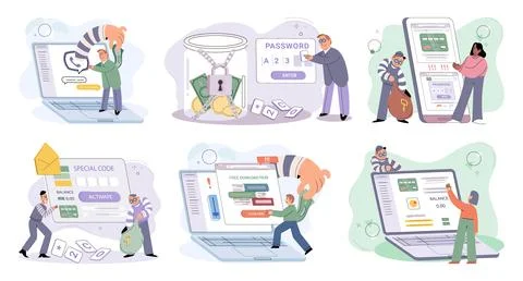 Hacker activity big set. Hacking computer. Phishing account, cyber attack on Stock Illustration