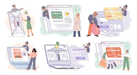 Hacker activity big set. Hacking computer. Phishing account, cyber attack on Stock Illustration