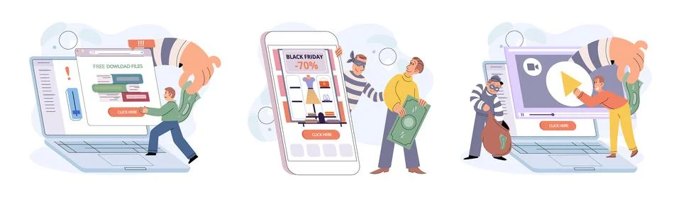 Hacker activity big set. Hacking computer. Phishing account, cyber attack on Illustrazione stock