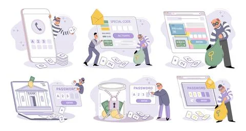 Hacker activity big set. Hacking computer. Phishing account, cyber attack on Stock Illustration