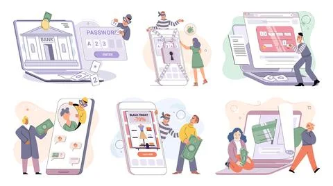 Hacker activity big set. Hacking computer. Phishing account, cyber attack on 스톡 일러스트