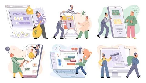 Hacker activity big set. Hacking computer. Phishing account, cyber attack on Illustrazione stock