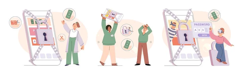 Hacker activity big set. Hacking computer. Phishing account, cyber attack on Stockillustratie