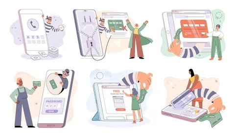 Hacker activity big set. Hacking computer. Phishing account, cyber attack on Stock Illustration