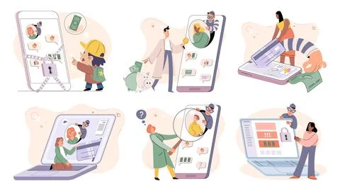 Hacker activity big set. Hacking computer. Phishing account, cyber attack on 库存插图