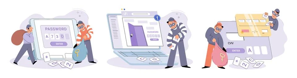 Hacker activity big set. Hacking computer. Phishing account, cyber attack on Illustrazione stock