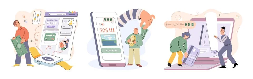 Hacker activity big set. Hacking computer. Phishing account, cyber attack on Stock-Illustration