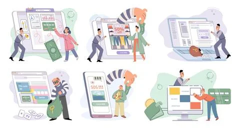 Hacker activity big set. Hacking computer. Phishing account, cyber attack on Stock Illustration