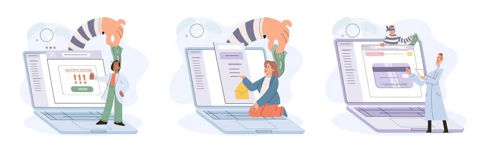 Hacker activity big set. Hacking computer. Phishing account, cyber attack on Stock Illustration