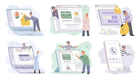 Hacker activity big set. Hacking computer. Phishing account, cyber attack on Stockillustratie