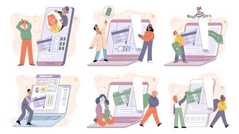 Hacker activity big set. Hacking computer. Phishing account, cyber attack on Stockillustratie