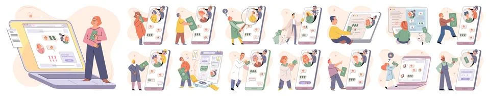 Hacker activity big set. Hacking computer. Phishing account, cyber attack on Illustrazione stock